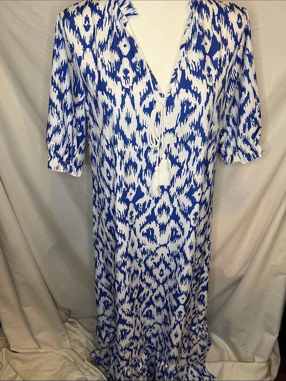 Blue and White Printed Maxi Dress with V-Neck Tassel Detail